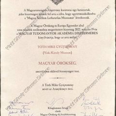 Magyar Örökség-díj oklevél | 2022. március 19.